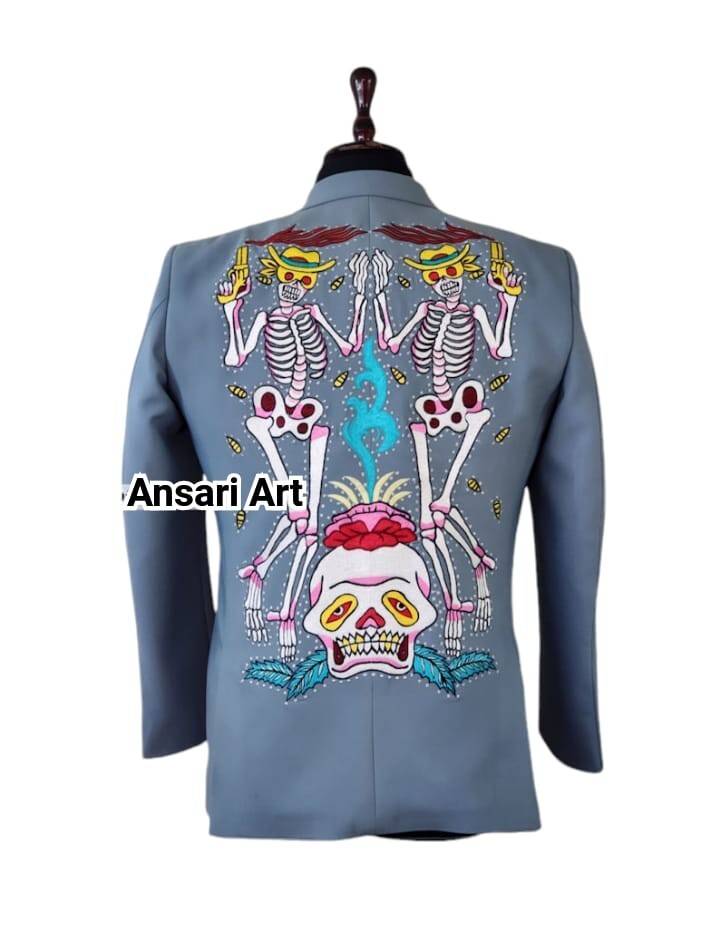 Pre-owned Art Men 2pc Country Western Nudie Suit Floral Skeleton Embroidered Cocktail Wedding. In Blue