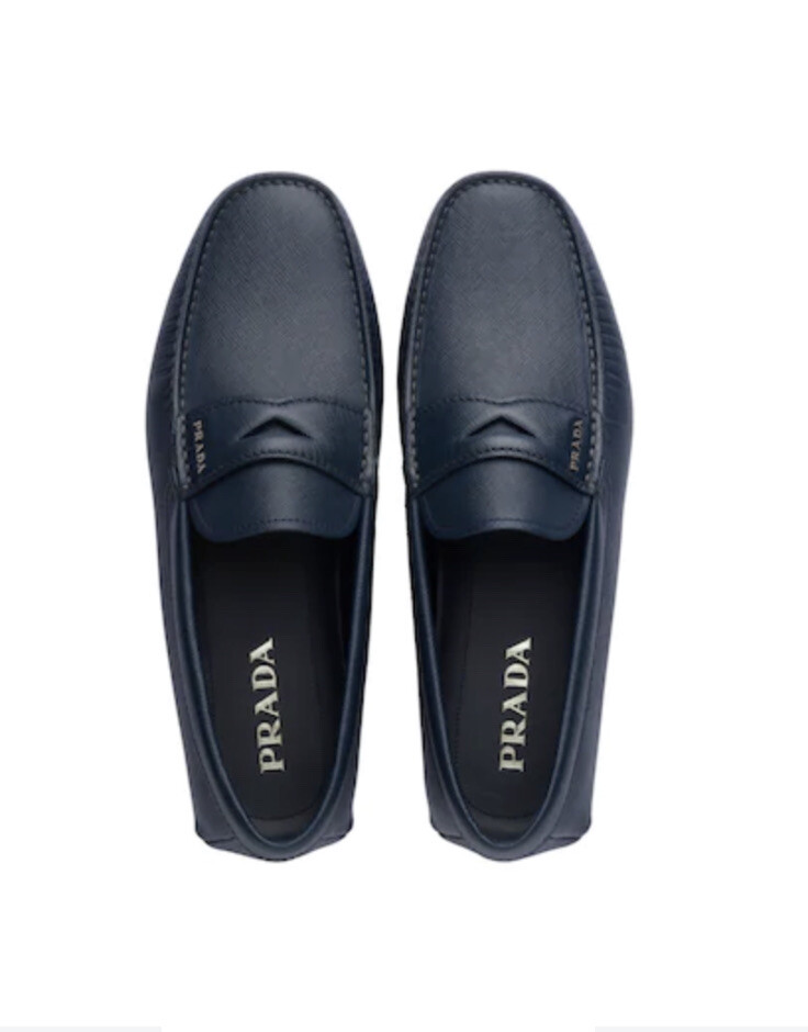 Pre-owned Prada Saffiano Navy Blue Leather Loafers 2dd151