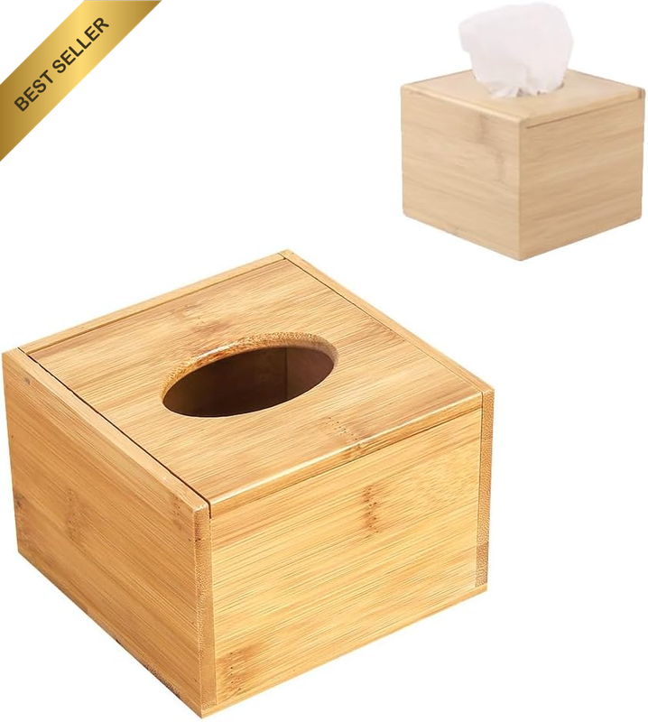 Wooden Square Tissue Box Cover, Bathroom Organizer Basket, Eco-Friendly Bamboo T