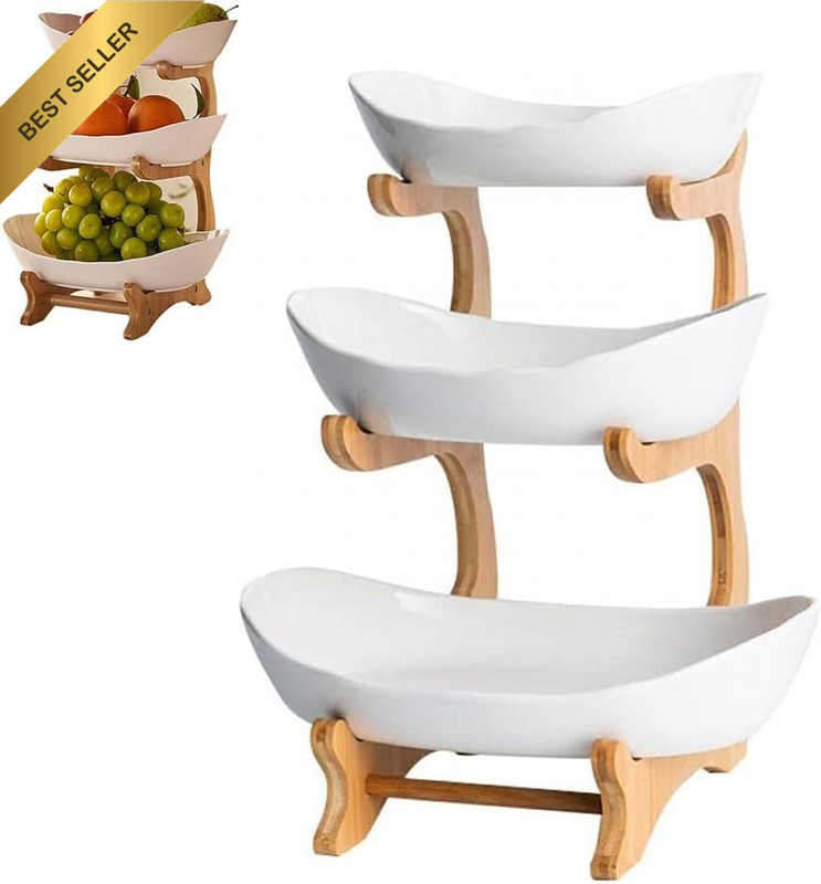 3-Tier Fruit Display Stand, Serving Stand for Fruits, Wood Fruit Bowl for Counte