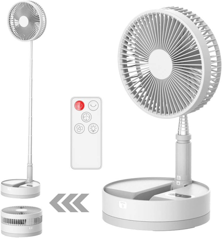 Foldable Fan Foldaway Oscillating with Remote Control, 10800Mah Rechargeable Battery Operated Portable for Camping, 4 Speed, Timer, Height Adjustment for Travel, Outdoor (White)