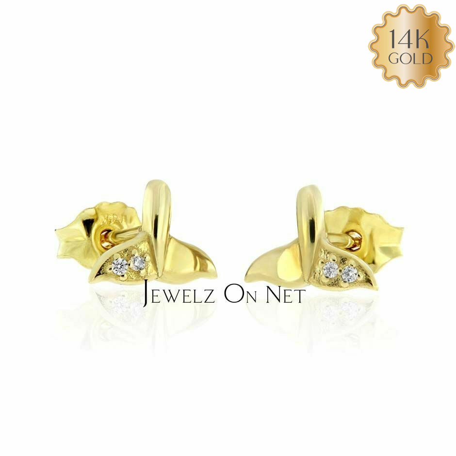 14K Gold 0.02 Ct Natural Diamond Dolphin Tail Fish Studs Earrings-Merry Christma