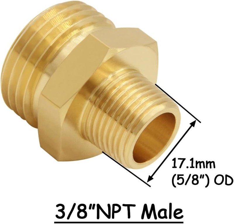 2PCS Brass Garden Hose Adapter 3/4"GHT Male to 3/8"NPT Male Thread Reducer Wa...