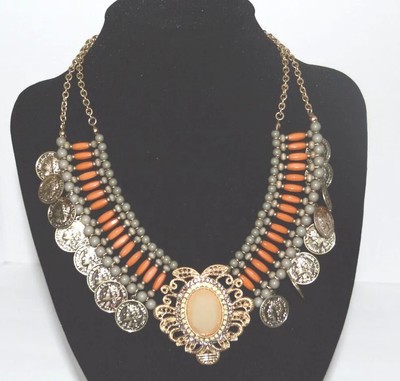 Vintage Republique Francaise 1808 Faux Coin Bib Necklace Medalion & Rhinestone