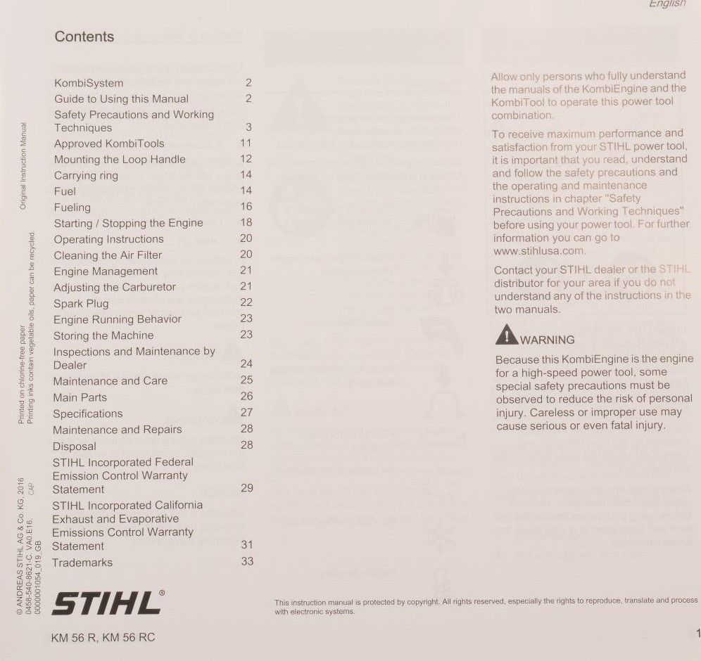 Stihl KM 56 R Kombi Powerhead Owners Manual ~ Free Shipping! KM56