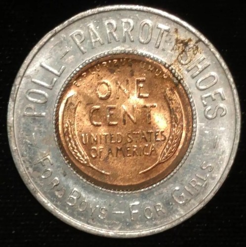 1954 D POLL PARROT SHOES ENCASED WHEAT CENT GOOD LUCK TOKEN COIN MEDAL BOYS GIRL