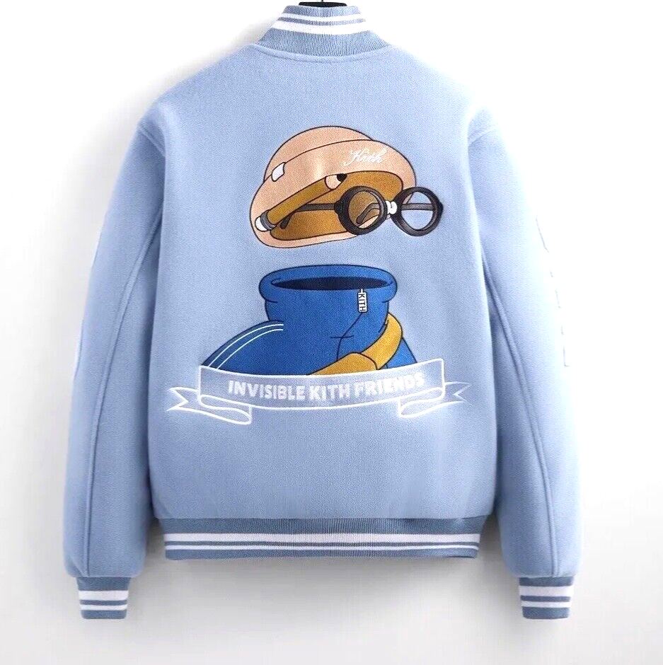 Pre-owned Kith X Invisible Friends Wool Varsity Jacket Size M In Blue