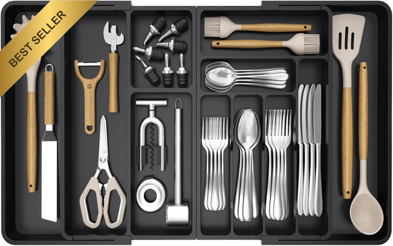Large Silverware Drawer Organizer, Plastic Cooking Utensil Tray for Kitchen, Exp