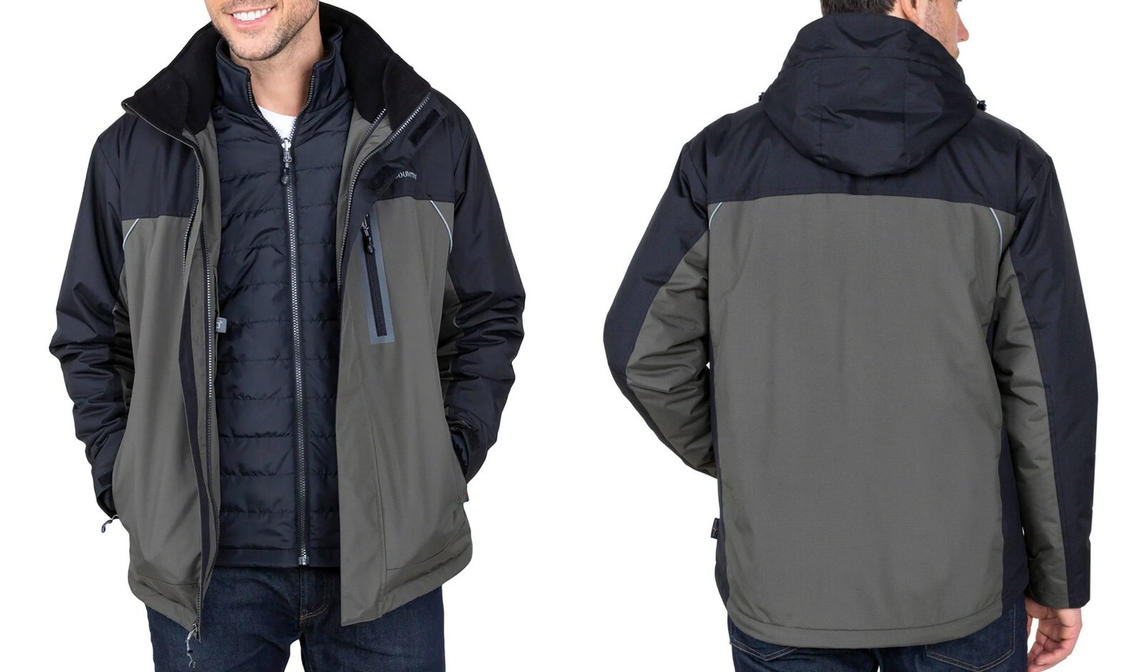 Pre-owned Free Country Men's 3 In 1 Systems Jacket, Wear Outer/inner Jacket, Both Zipped In Black