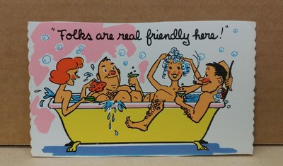 ''Folks are real friendly here'' Bubble Bath 1960's Swingers Postcard Cartoon