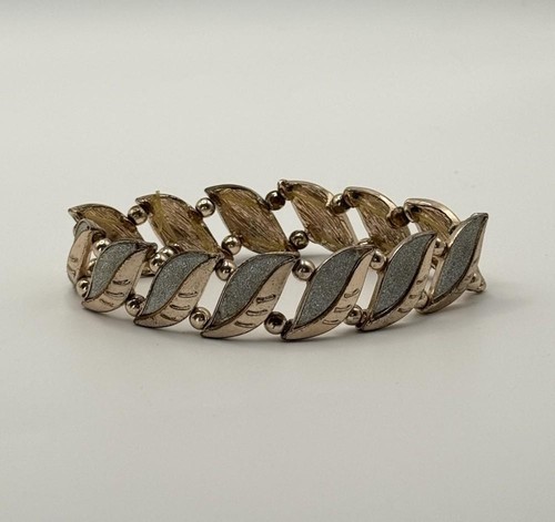 Rose Gold Leaf Link Bracelet – Silver Textured Panel Retro Vintage Statement