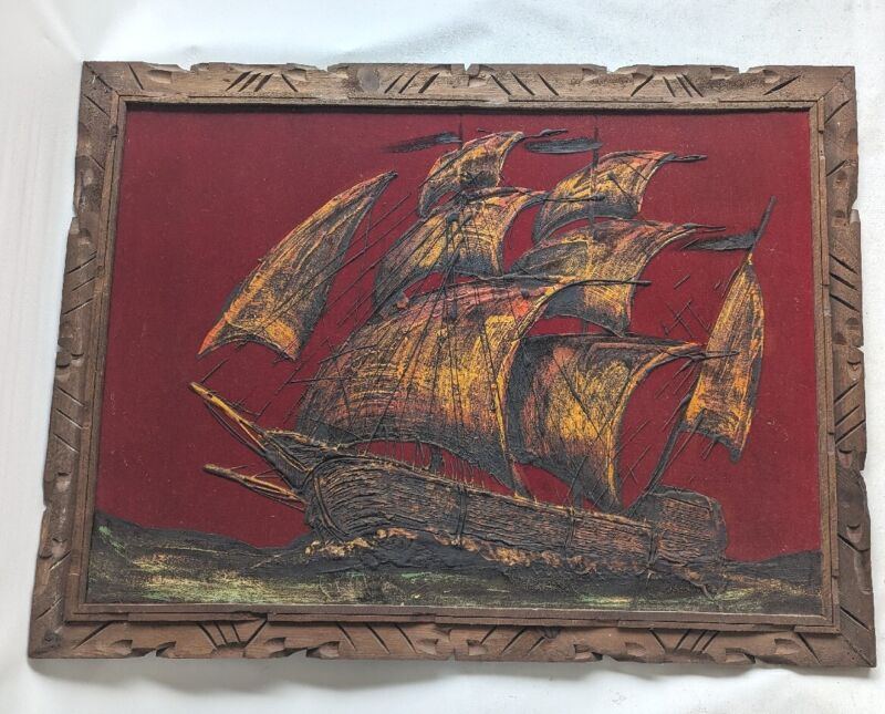 Ship Drip Painting On Red Velvet Mexico Frame Black Gallion Vtg MCM 40x30 Elvis