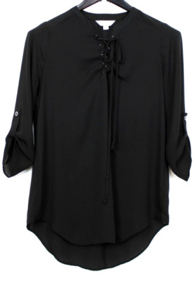 DECREE Size M Women's Top 1/4 Lace Up Mock Neck Button Back Long Sleeve Black