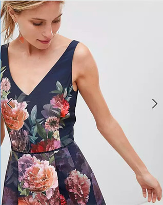 NEW Oasis Navy Floral V Neck Dip Hem Midi Skater Party Prom Cocktail Dress 14
