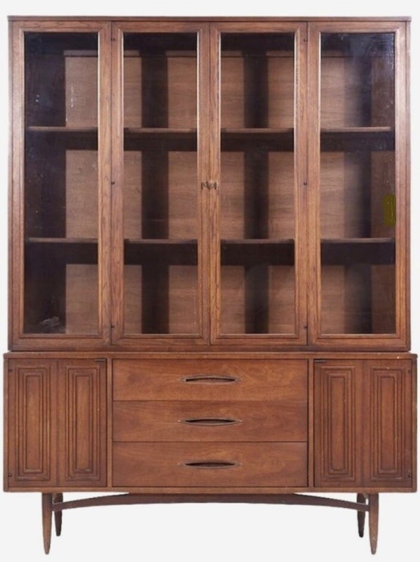 Vintage Mid Century Modern Broyhill Sculptra Breakfront Cabinet Credenza Hutch