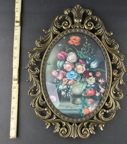 Vintage Scrolled Brass Italy Flowered Convex Ornate Picture Frames Oval Lot 3