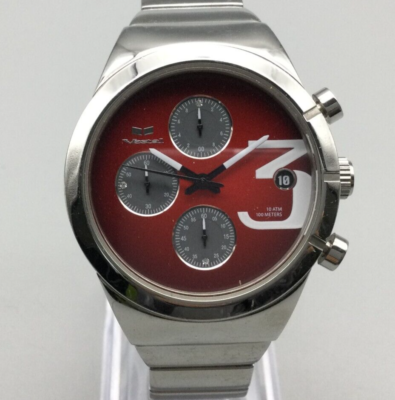Vestal Madera Watch Men Silver Tone Chronograph Date Red Dial New Battery 6.5