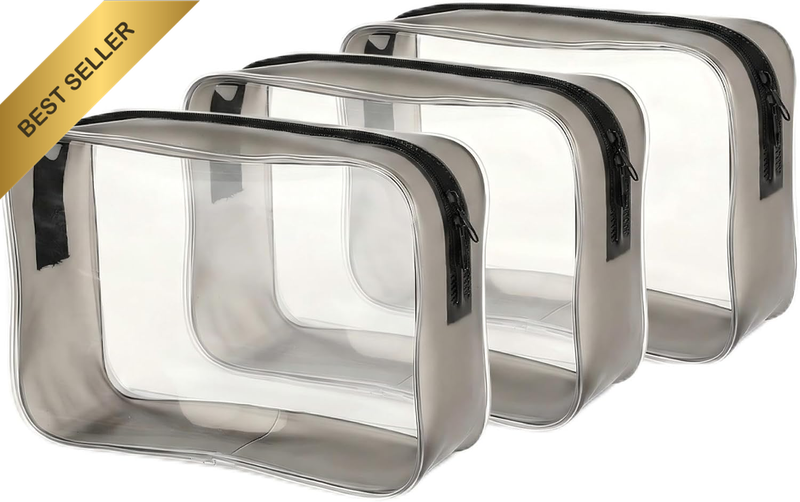 Clear Frosted Black Travel Toiletry Bags (3 Pack) - Thickened PVC Waterproof Cle