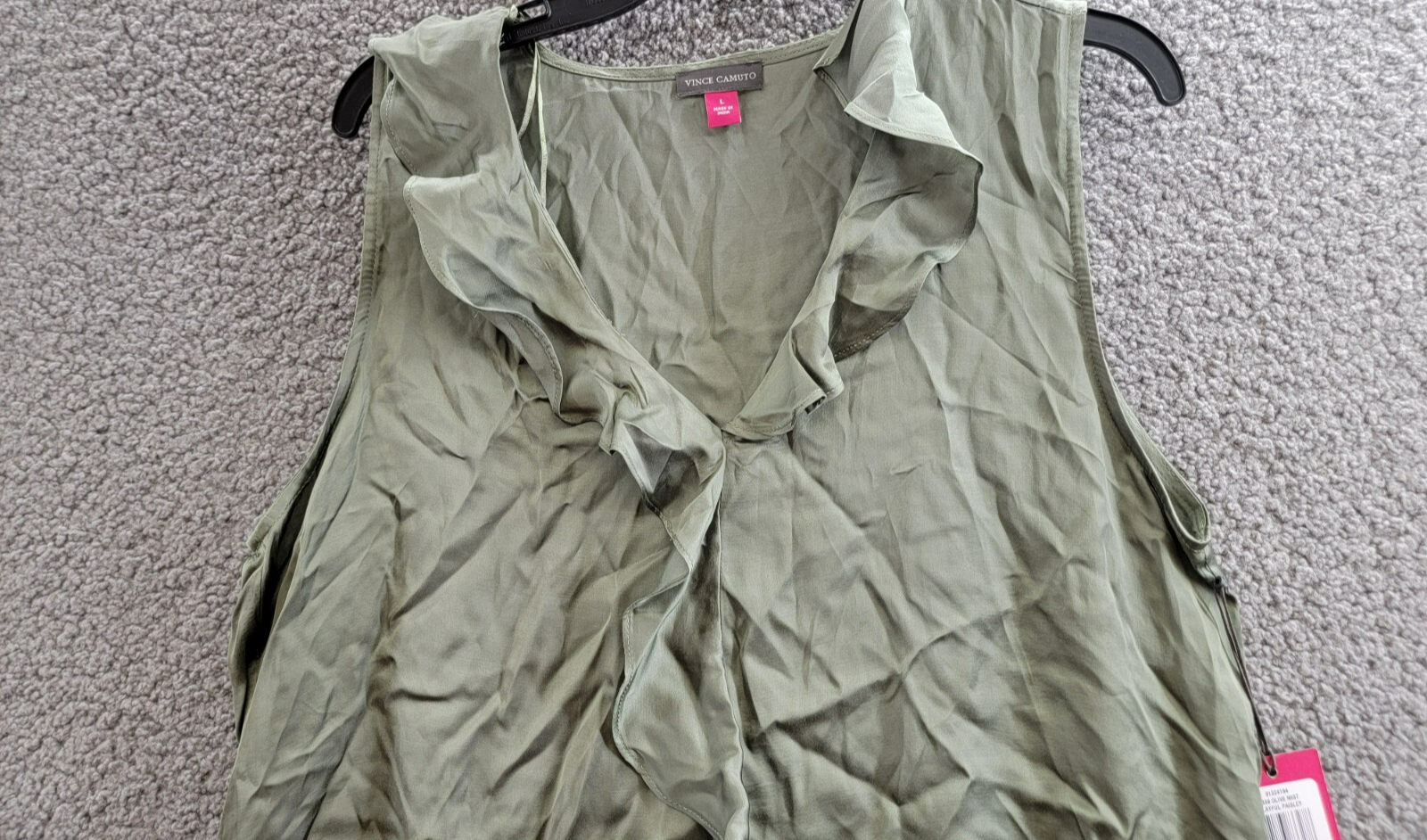 Vince Camuto Sleeveless Ruffle Top Women's L Olive Mist Solid V-Neck Pullover - Picture 3 of 14