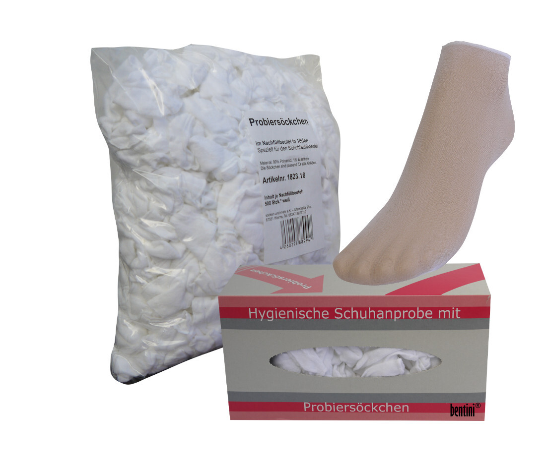 500 Stck. Probiersocken Probierstrümpfe mit Spenderbox weiß