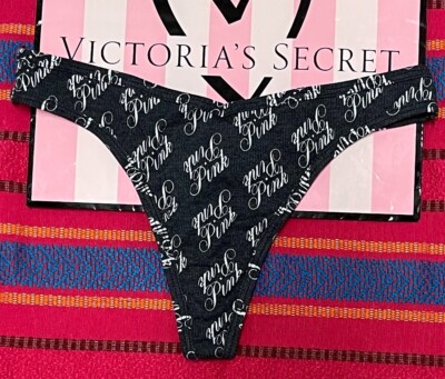 VICTORIA'S SECRET PINK Size M Thong String V-Cut Rib Pure Black Script NWT