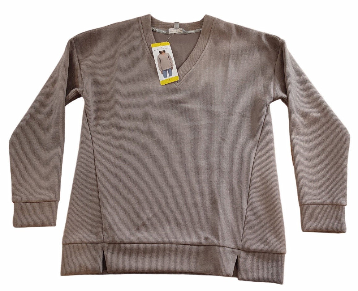 Marc New York V Neck Long Sleeve Textured Top Sweater  WoMens - SMALL TAUPE