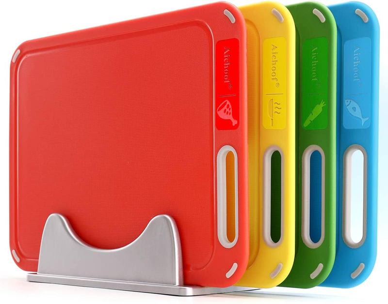 Plastic Cutting Board, Set of 4 with Storage Stand, Color Bo