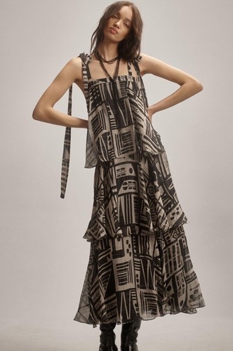 Anthropologie Nikita Mhaisalker Платье макси с квадратным вырезом и многоуровневым декольте черного цвета с мотивом S NWT