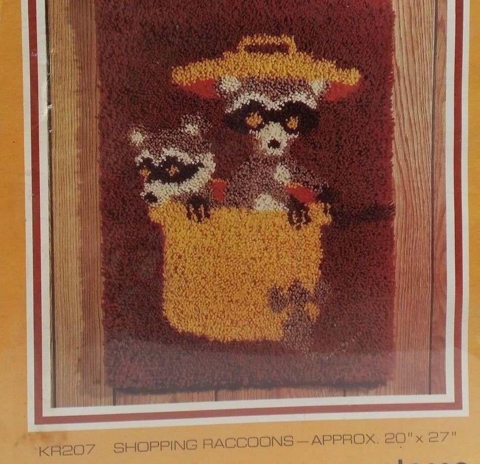 Vintage Raccoon Latch Hook Rug Kit Trash Panda Shopping Brown Orange 80s Kitsch