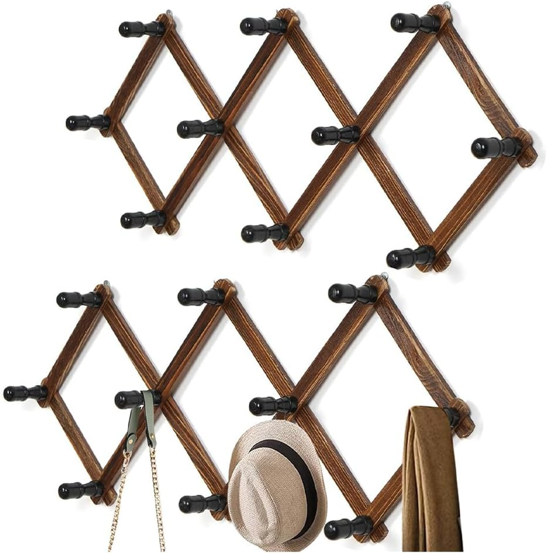 2-Pack Accordion Wall Hat & Coat Rack – Expandable Wooden Wall Hanger with 10 Pe