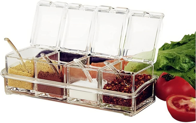 Transparent Seasoning Rack Spice Pots, Storage Container Condiment Jars, 4 Piece