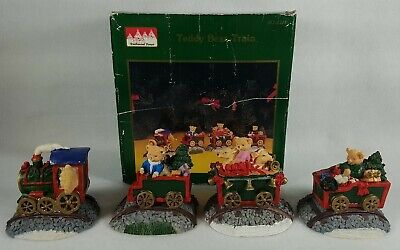 Christmas Teddy Bear Train Set of 4 Ceramic Handpainted Figures See Pictures!