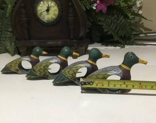 WOOD DUCK Napkin Rings Set Handmade Handpainted 4.5” Long