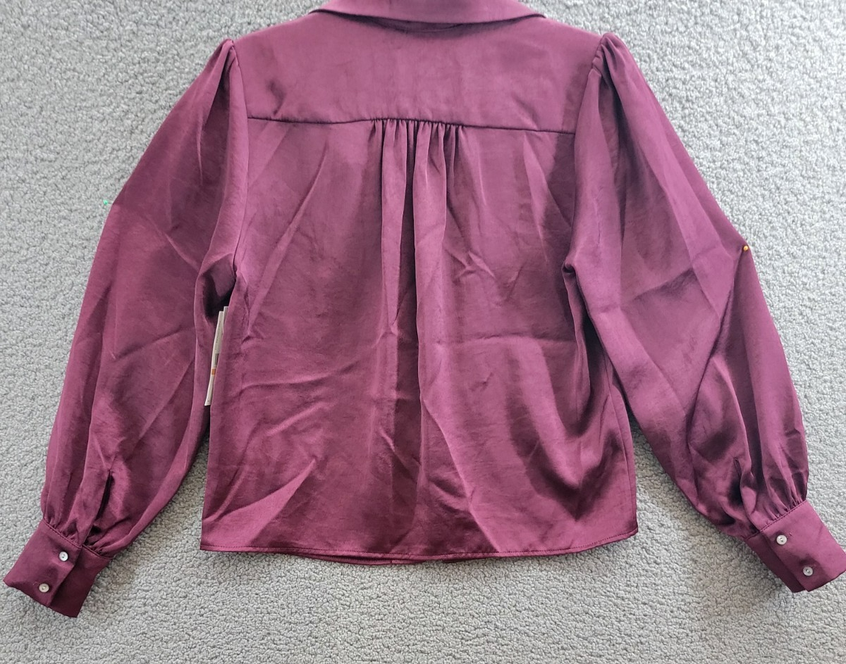 Karen Kane Shirred Blouse Women's S Wine Solid Collared Long Sleeve Button Front - Picture 12 of 15
