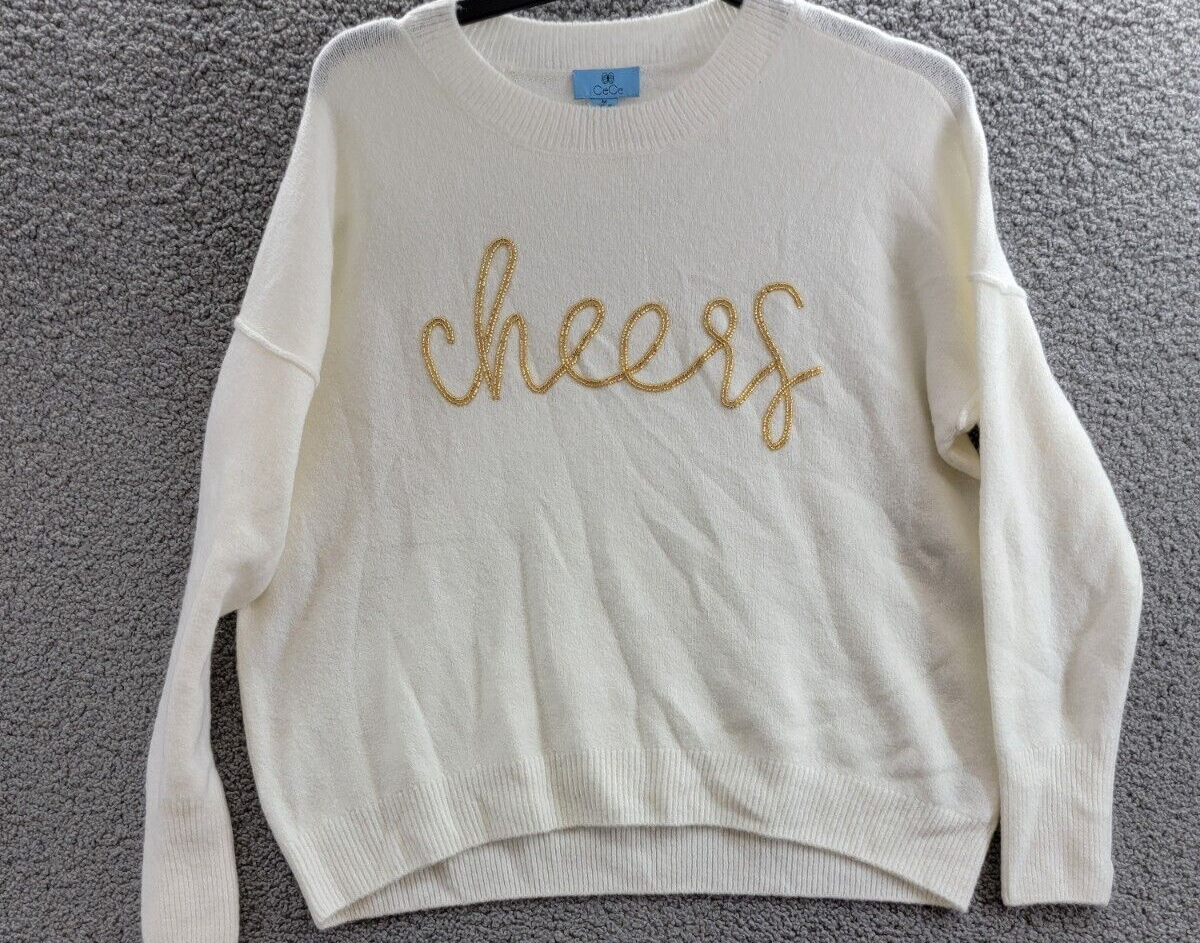 CeCe Cheers Crewneck Sweater Women's M Cream Solid Beaded Long Sleeve Pullover - Picture 2 of 15