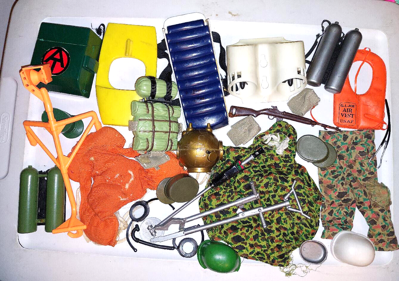 Vintage GI Joe and other equipment and clothing broken parts