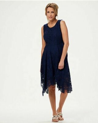 Isaac Mizrahi Petite Handkerchief Hem Floral Lace Midi Dress Dark Navy PXL