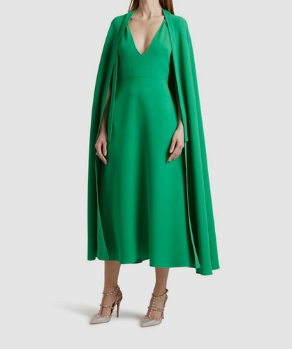 $5700 Valentino Women's Green Silk Cady Cape MIDI-Dress Size