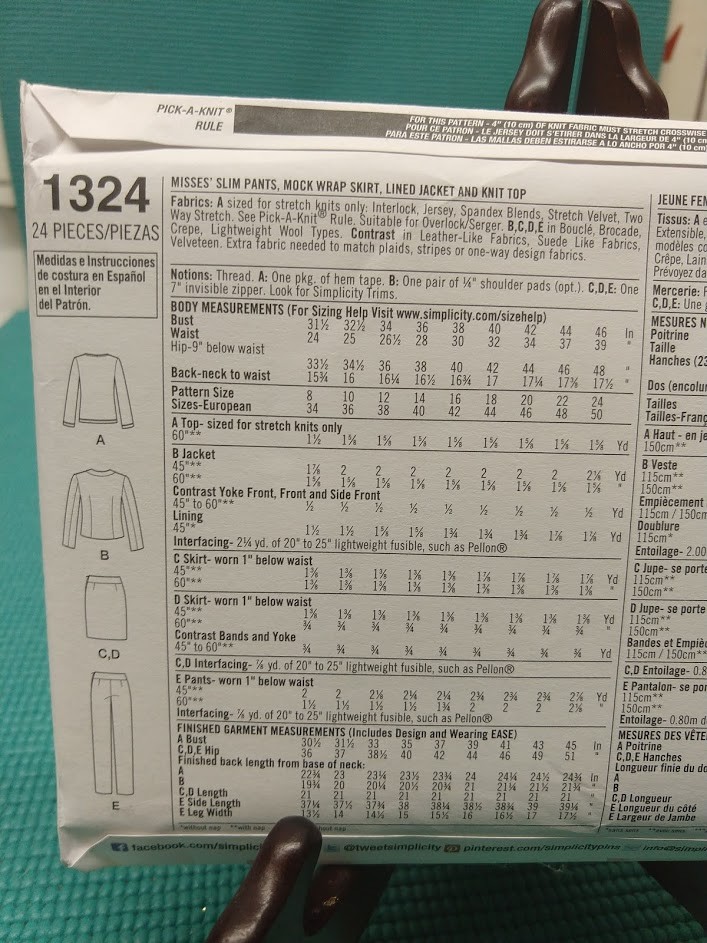 Simplicity Sewing Pattern 1324 K5 Misses Slim Pants, Skirt, Jacket, Top SZ 8-16