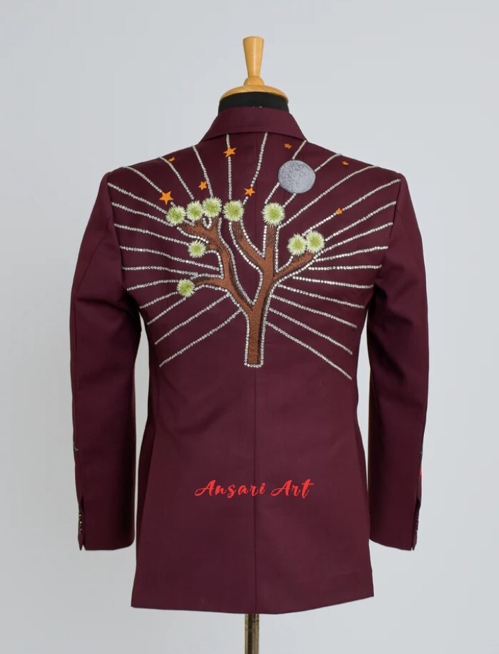 Pre-owned Art Men Mahoon 2pc Suit Custom Made Floral Embroidered Country Western Prom Outfits