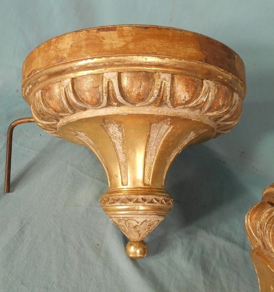 PAIR OF VICTORIAN CLASSICAL CARVED GILTWOOD CHURCH STYLE WALL SHELVES