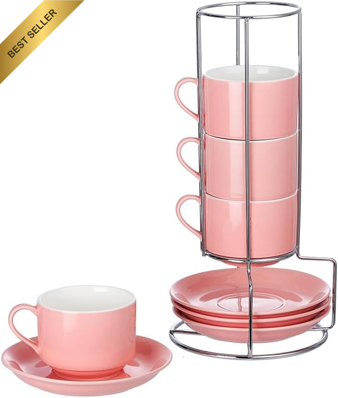 Espresso Cups with Metal Stand Set of 4, Pink Ceramic Mugs with Saucers, Cappucc