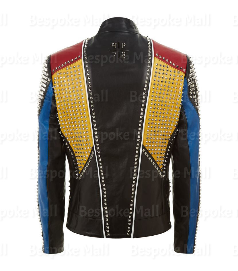 Pre-owned Handmade Men's  Multicolored Silver Studded Cowhide Biker Leather Jacket-857