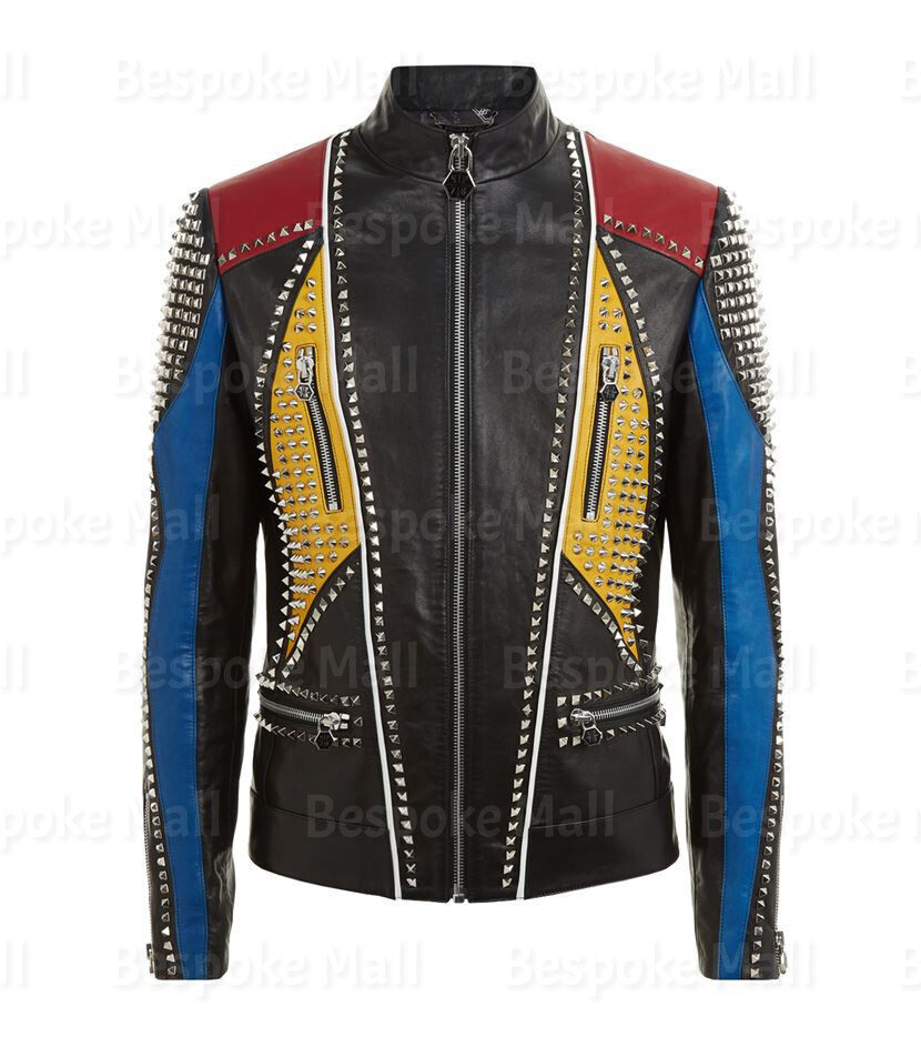 Pre-owned Handmade Men's  Multicolored Silver Studded Cowhide Biker Leather Jacket-857