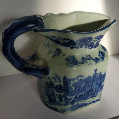 Blue Flow Stone Victorian Ware Village Ironstone Pitcher 5.5'' Marked Town Square
