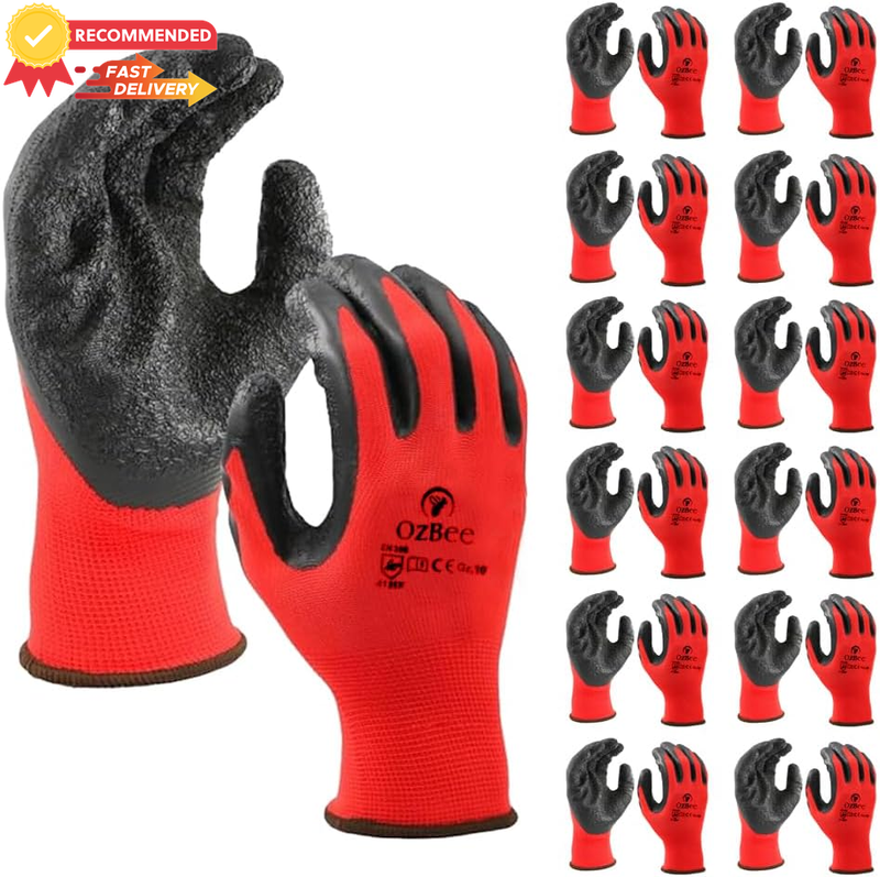 12 Pairs Latex Coated Work Gloves, Rubber Dipped, Non-Slip Grip, Safety Gear