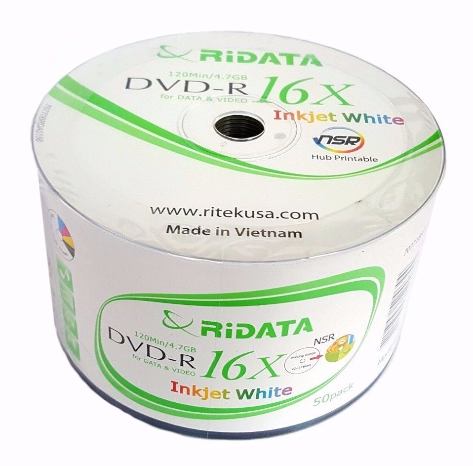 50 RIDATA Blank 16X DVD-R DVDR White Inkjet Hub Printable 4.7GB Recordable Disc