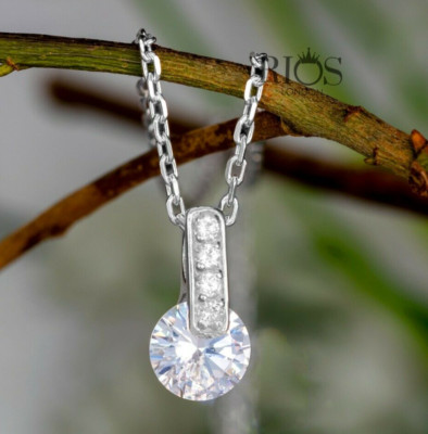 New 925 Sterling Silver Zircon Round Lab-Created Gemstone Necklace Gift Boxed