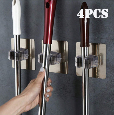 4 PCS Adhesive Wall Hooks - Mop & Broom Holder for Kitchen & Bathroom - NEW
