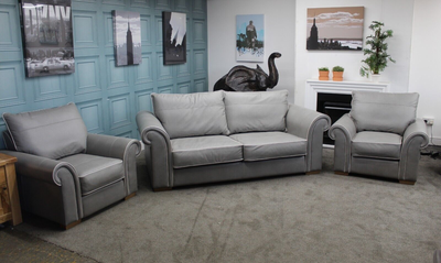 COLLINS HAYES JEFFERSON L2 SEATER SOFA 2x ARMCHAIRS IN GREY LEATHER